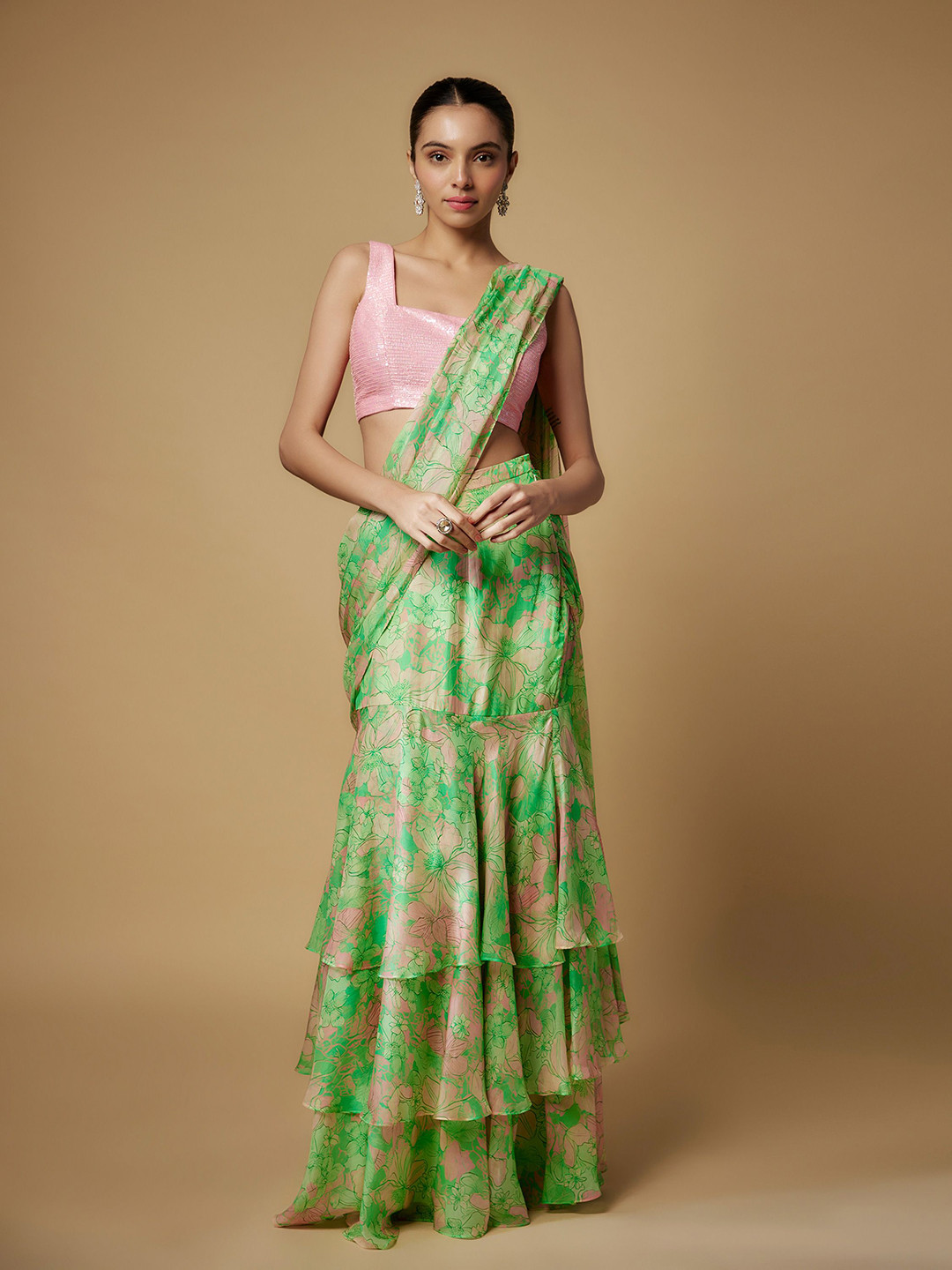 

Maisolos Floral Pure Chiffon Ready to Wear Saree, Green