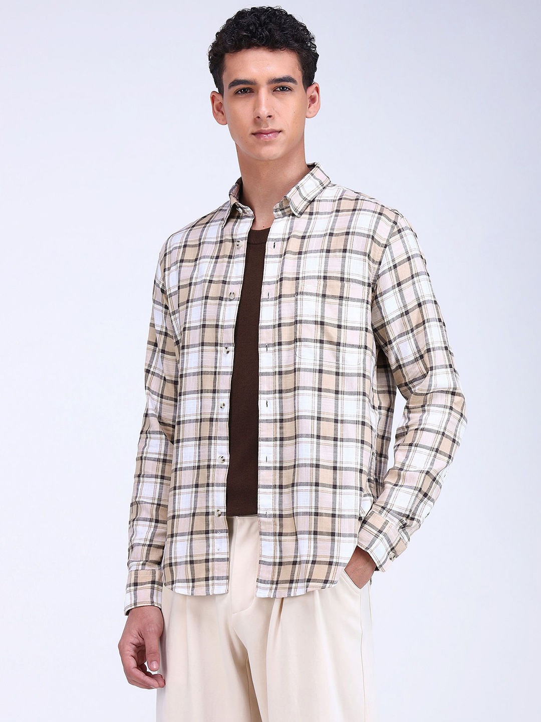 

Flying Machine Men Slim Fit Opaque Checked Casual Shirt, Brown