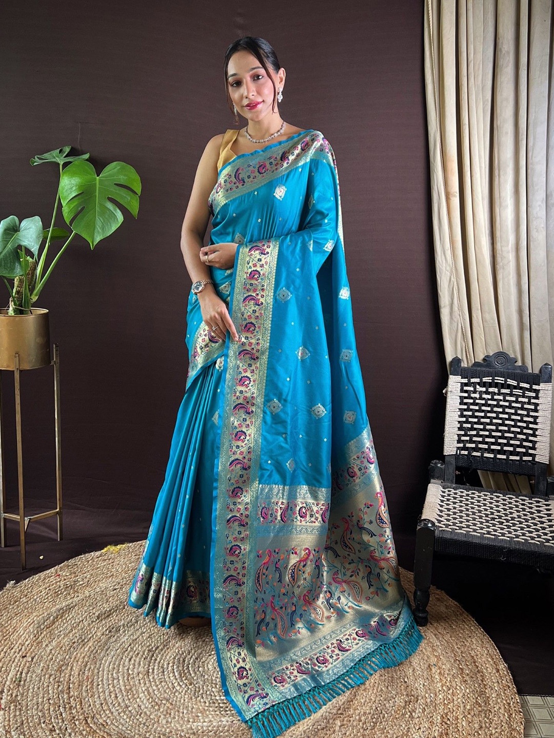 

Mitera Woven Design Zari Paithani Saree, Turquoise blue