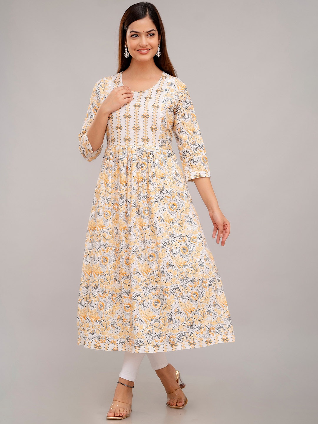 

DERAIL Women Floral Printed Thread Work Anarkali Kurta, Mustard