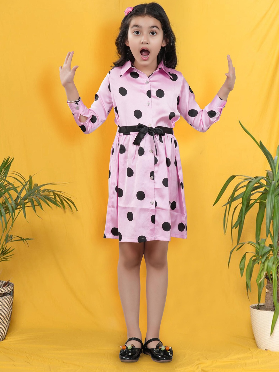 

RANJ Girls Polka Dot Printed Satin Shirt Dress, Pink