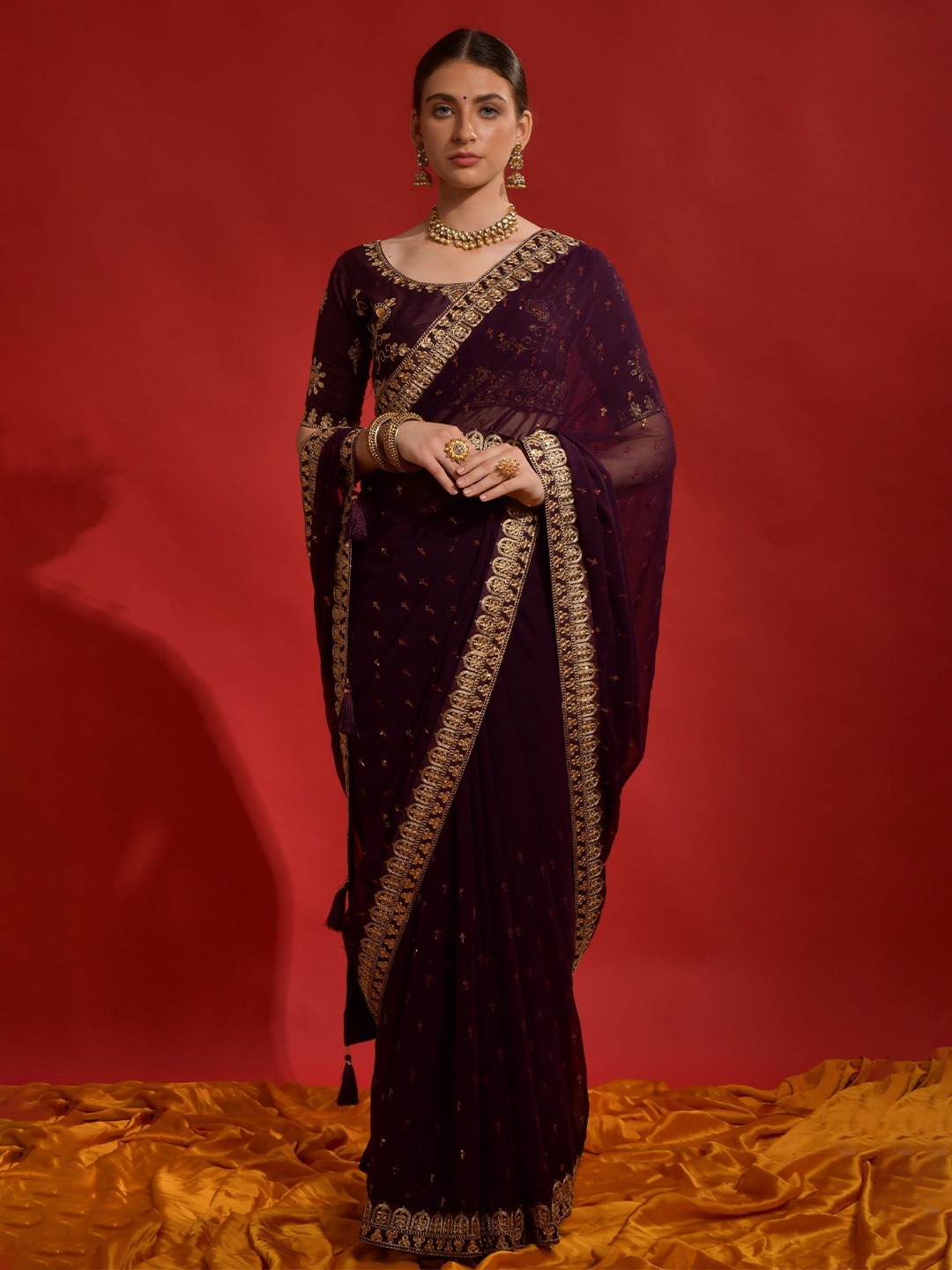 

Mitera Embellished Sequinned Designer Saree With Blouse Piece, Black
