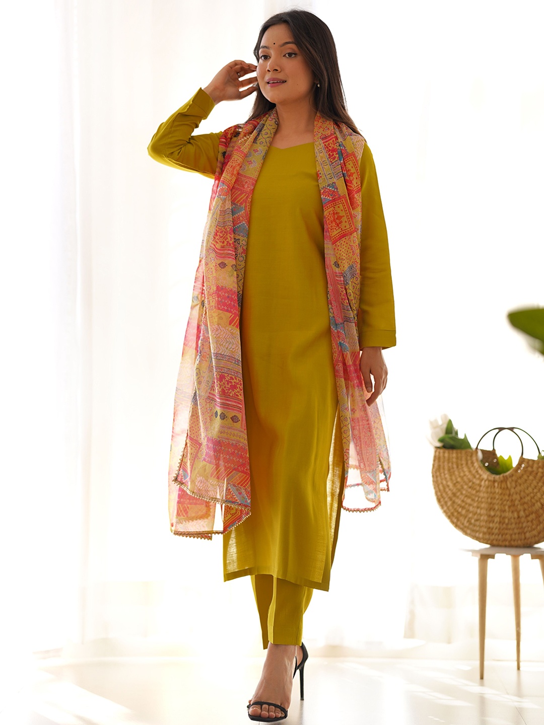 

CaniBani Women Regular Kurta with Trousers & With Dupatta, Mustard
