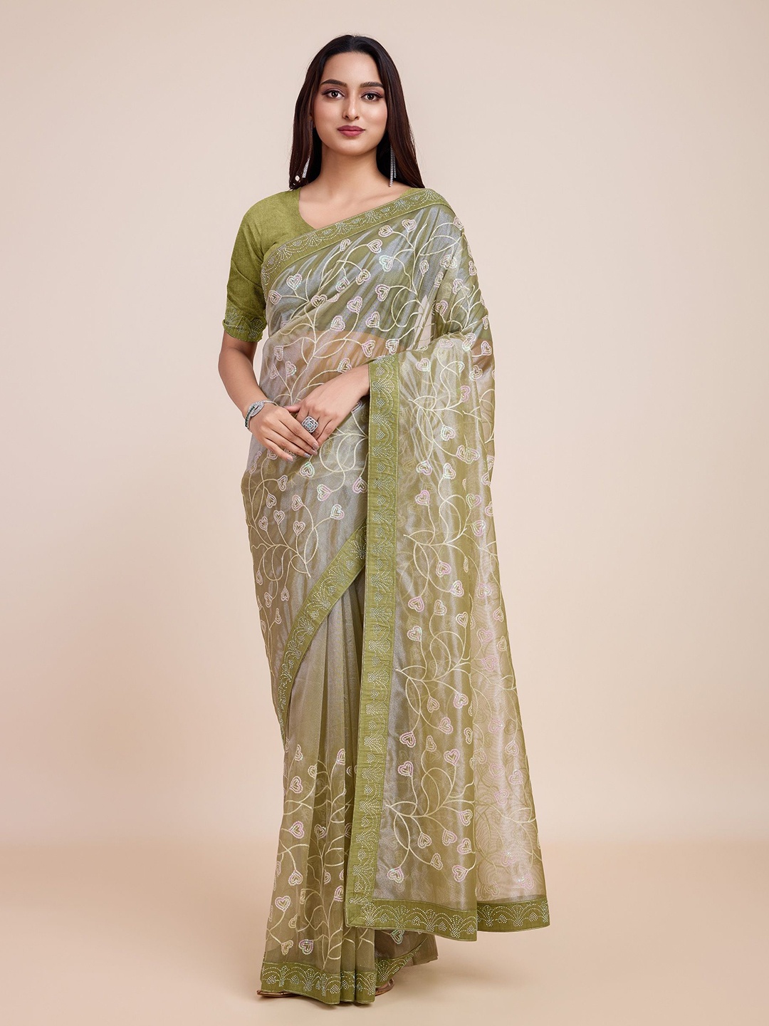 

ejoty fashion Embellished Sequinned Tissue Saree, Olive