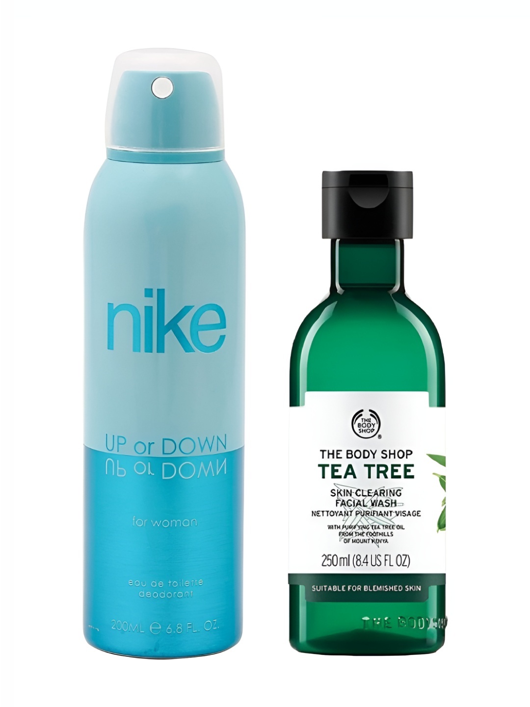 

Nike Women Pack of Up or Down Deodorant- 200 ml & The Body Shop Tea Tree Facial Wash-250ml, Blue