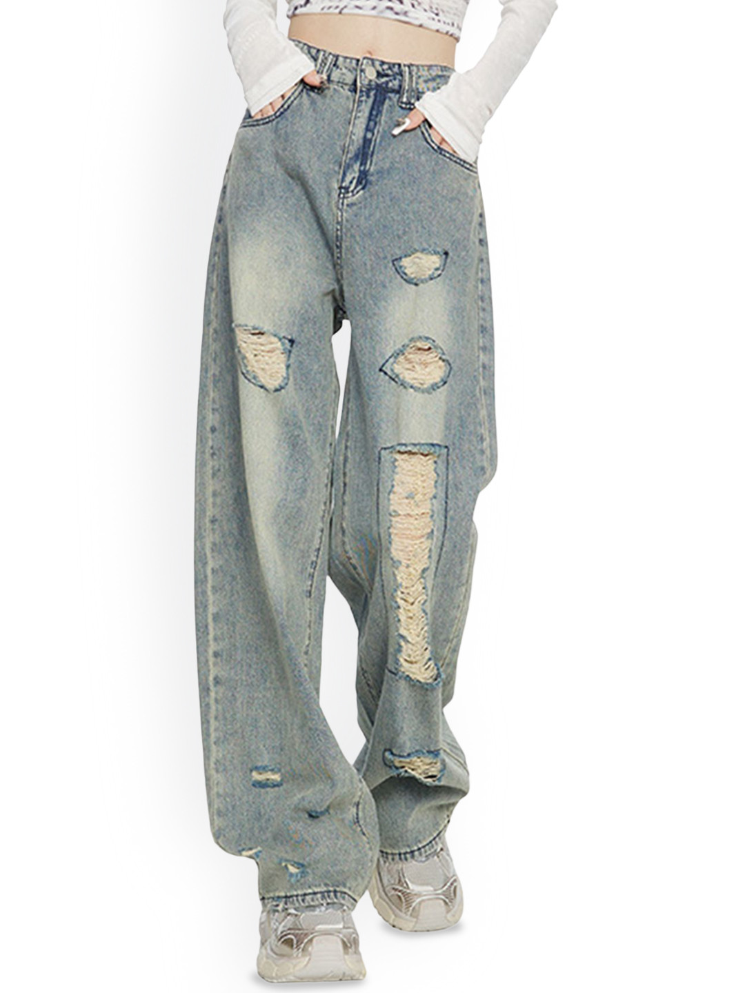 

LULU & SKY Women Straight Fit High-Rise Highly Distressed Heavy Fade Jeans, Blue
