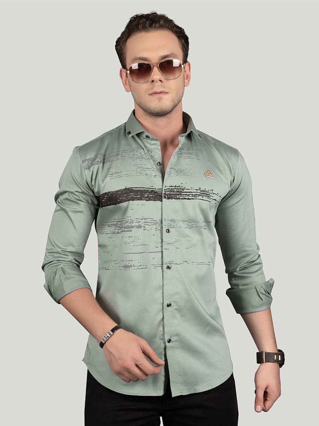 

ALMATY Men Comfort Slim Fit Opaque Printed Party Shirt, Green