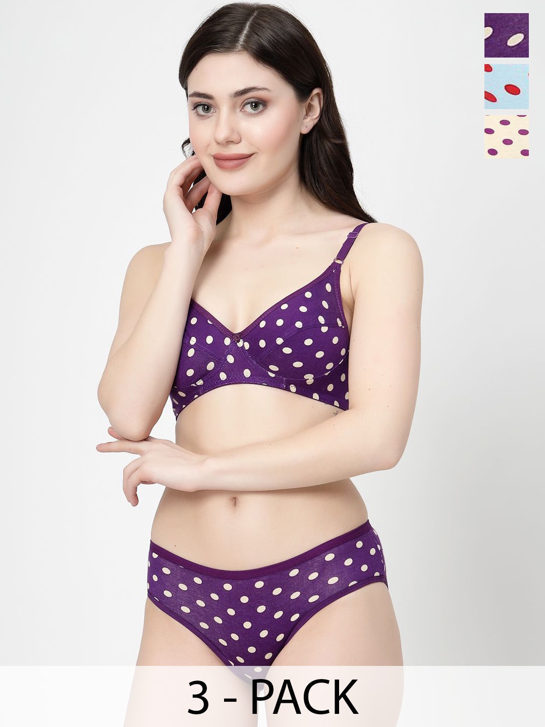 

Docare Pack Of 3 Non-Padded Lingerie Set YummySet-Purple-Tblue-Yellow