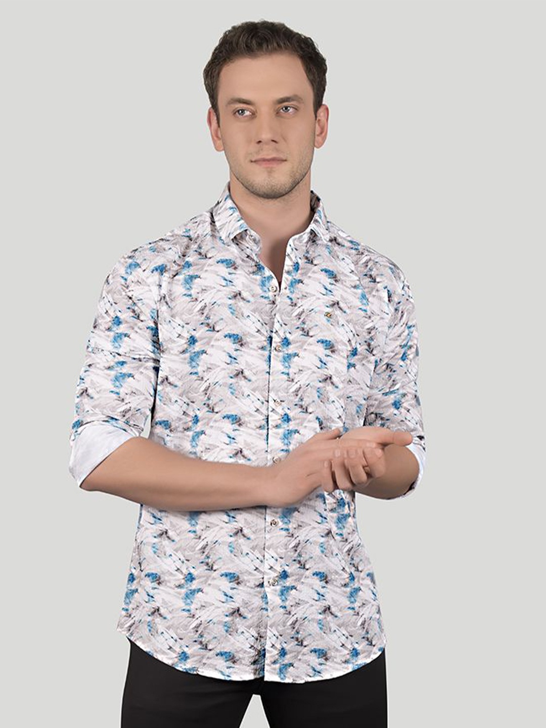 

ALMATY Men Comfort Slim Fit Floral Opaque Printed Party Shirt, Cream