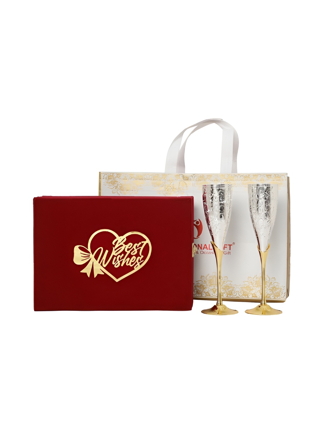 

INTERNATIONAL GIFT Red & White Wine Glass & Velvet Box Home Gift Sets, Silver