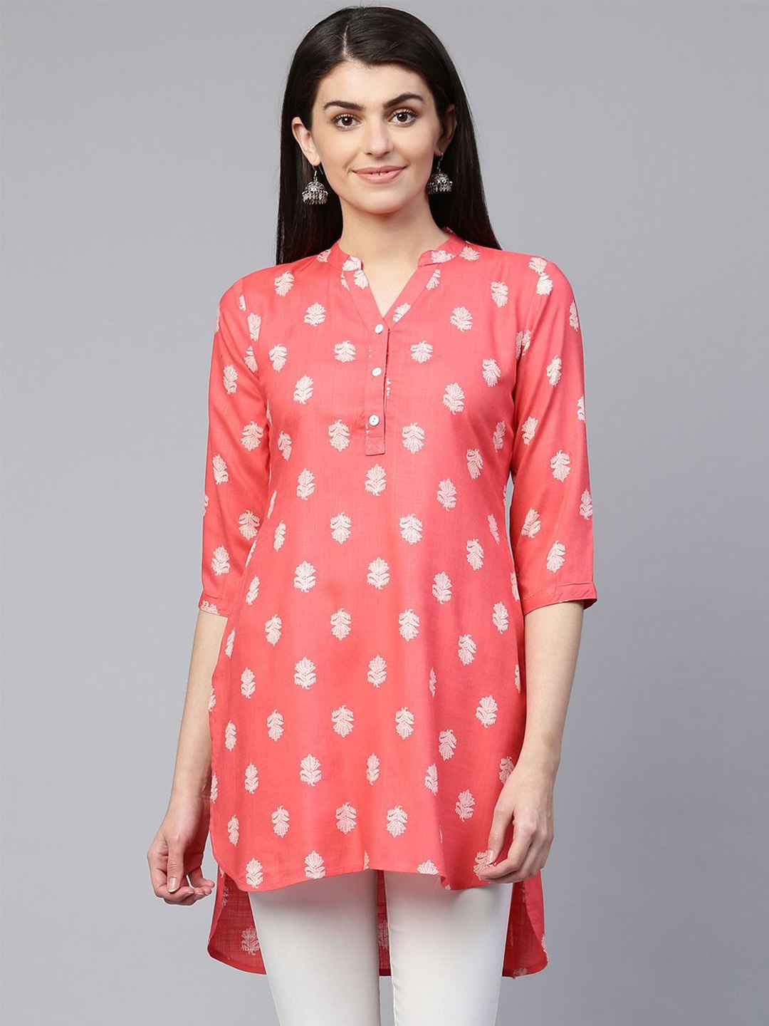 

Anouk Print Mandarin Collar High-Low Longline Top, Pink