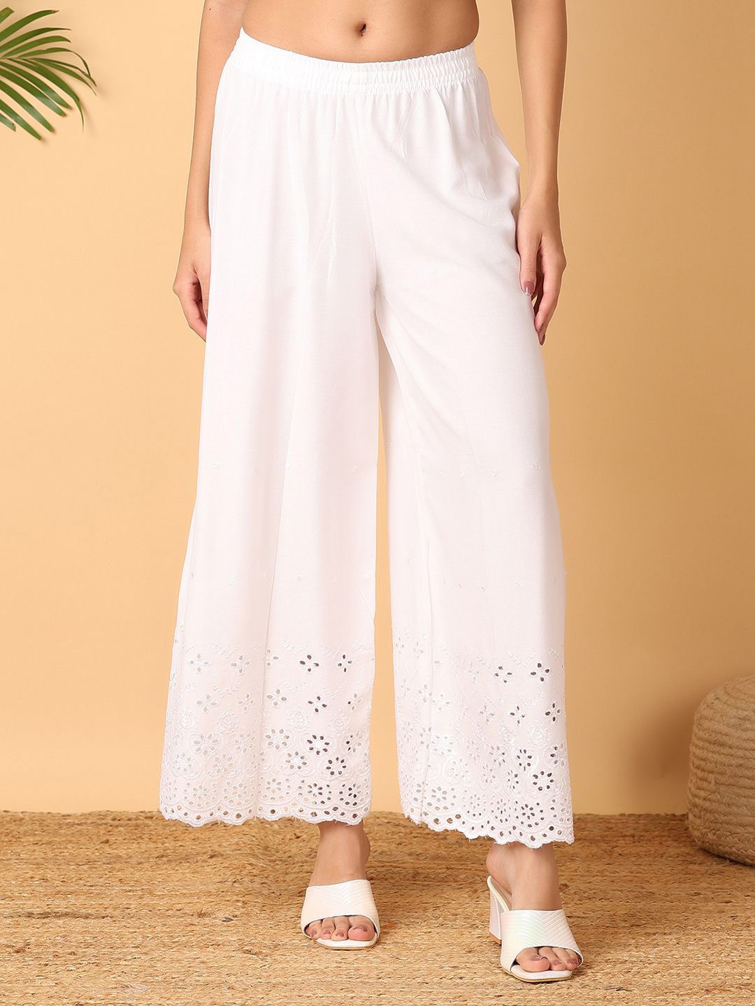 

V-Mart Women Hem Design Flared Ethnic Palazzos, White
