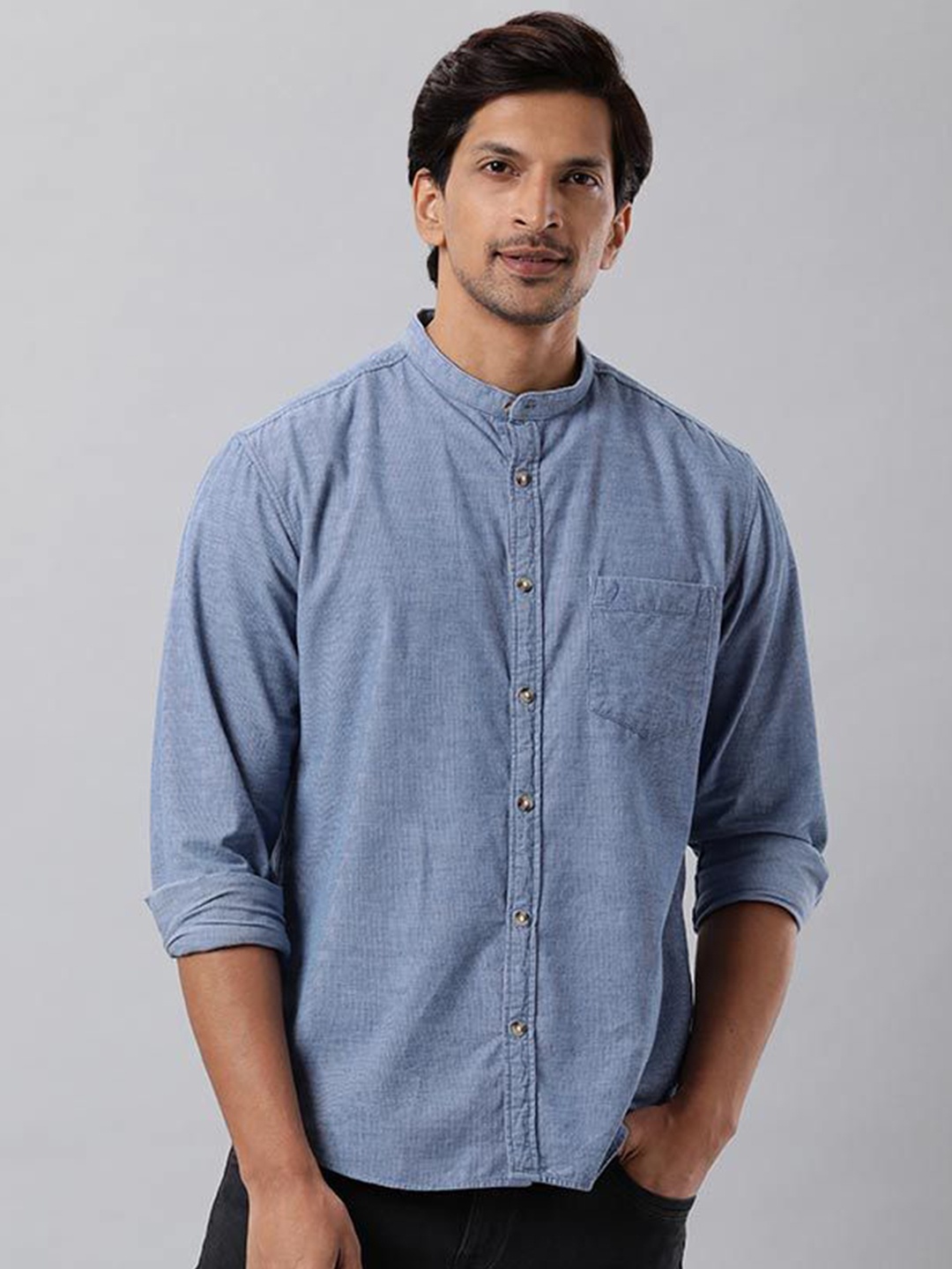 

Indian Terrain Men India Slim Band Collar Solid Cotton Slim Fit Casual Shirt, Blue