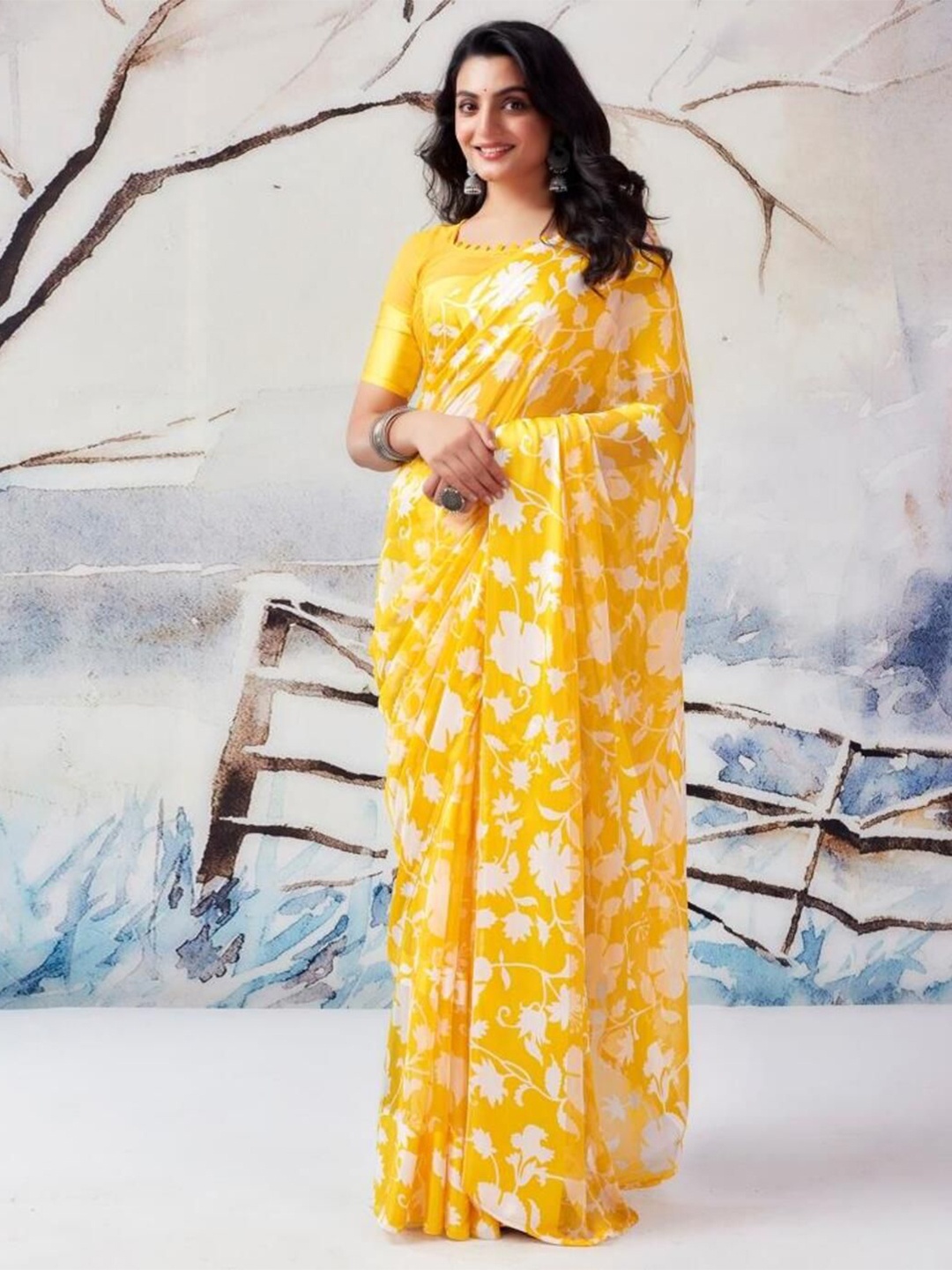 

Sitanjali Floral Pure Georgette Bagh Saree, Yellow