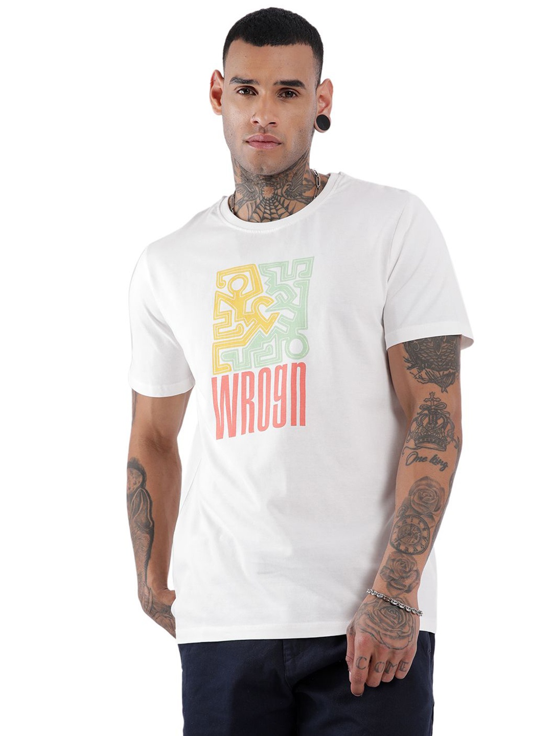 

WROGN Wrogn Grooves Graphic Printed Slim Fit Cotton T-shirt, White