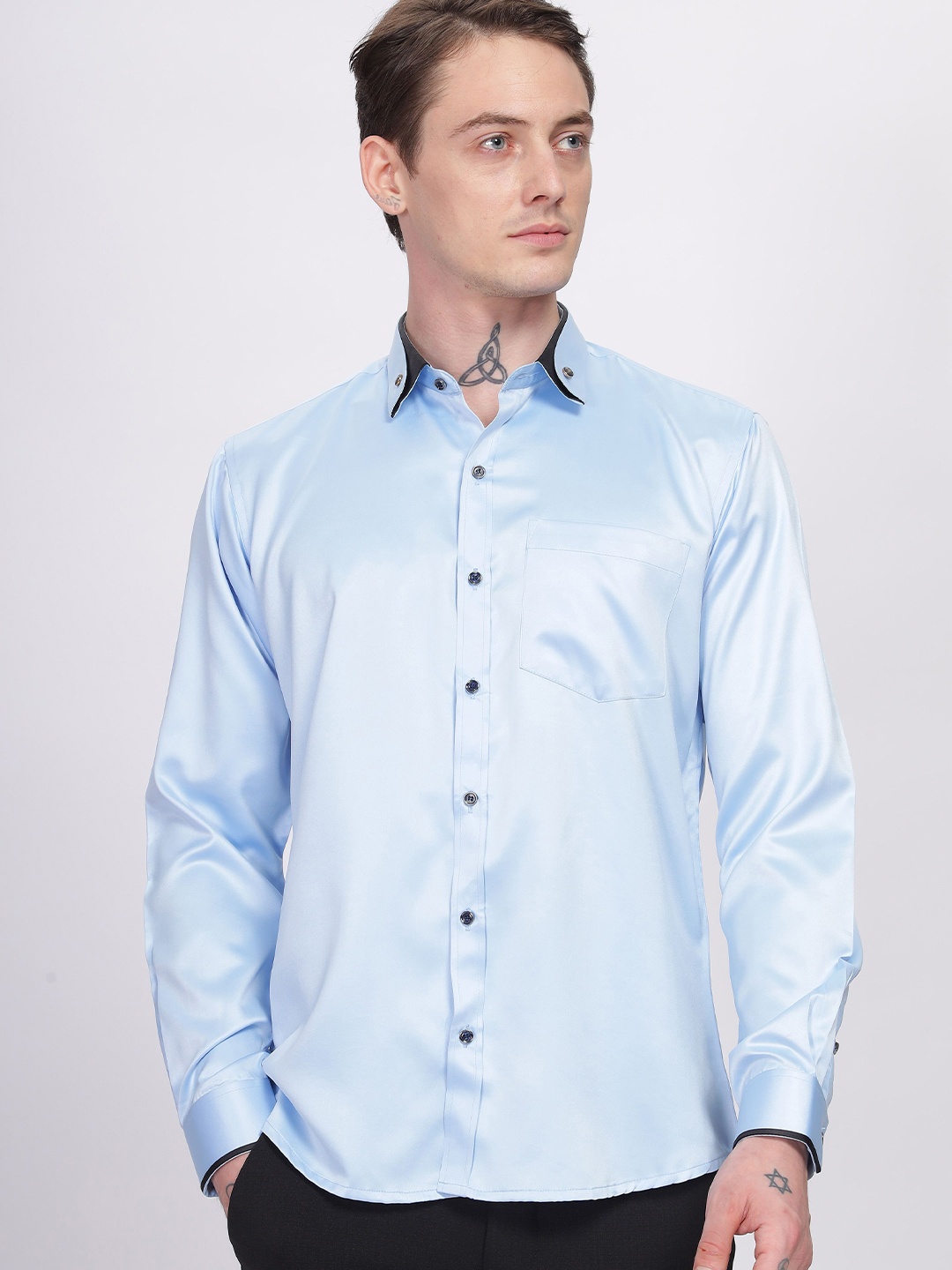 

HAMPTONS Shiny Satin Partywear Shirt with Collar Tipping, Blue