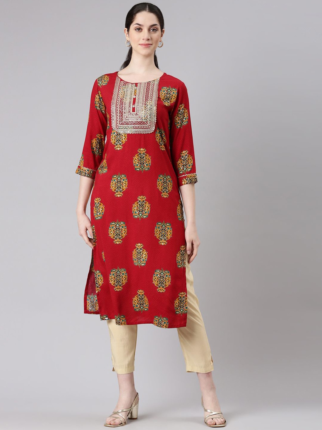 

Neerus Women Embroidered Keyhole Neck Flared Sleeves Gotta Patti Kurta, Red