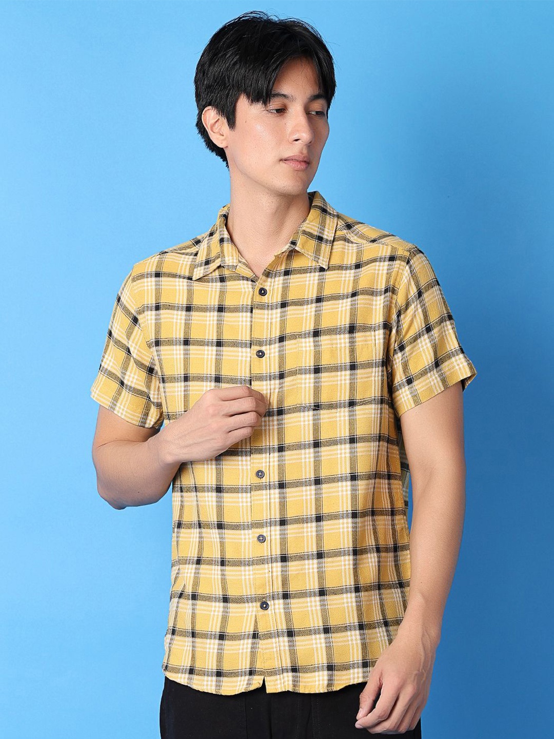 

V-Mart Men Classic Slim Fit Opaque Checked Casual Shirt, Mustard