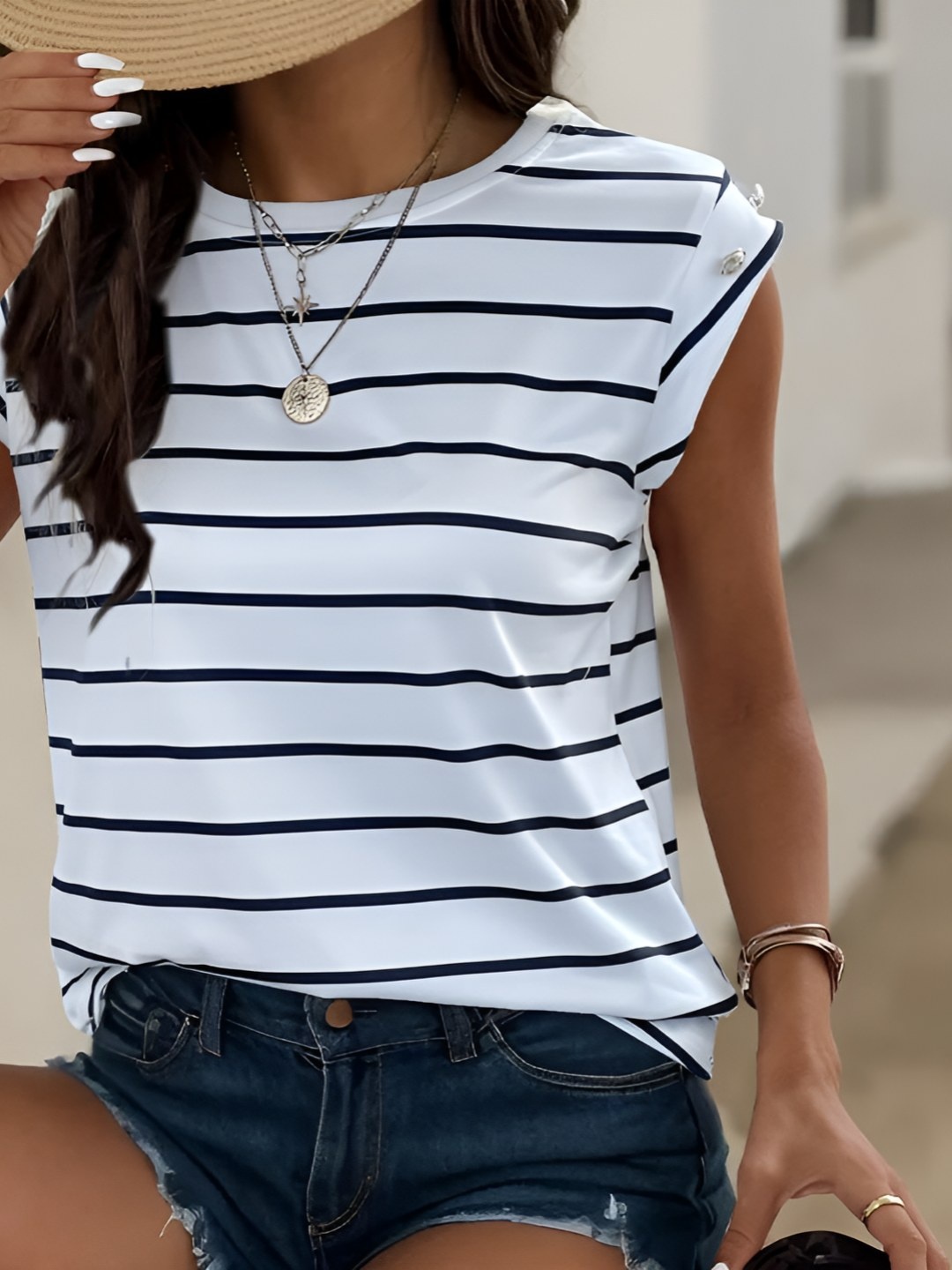 

HERE&NOW Women Striped Extended Sleeves Pockets T-shirt, White