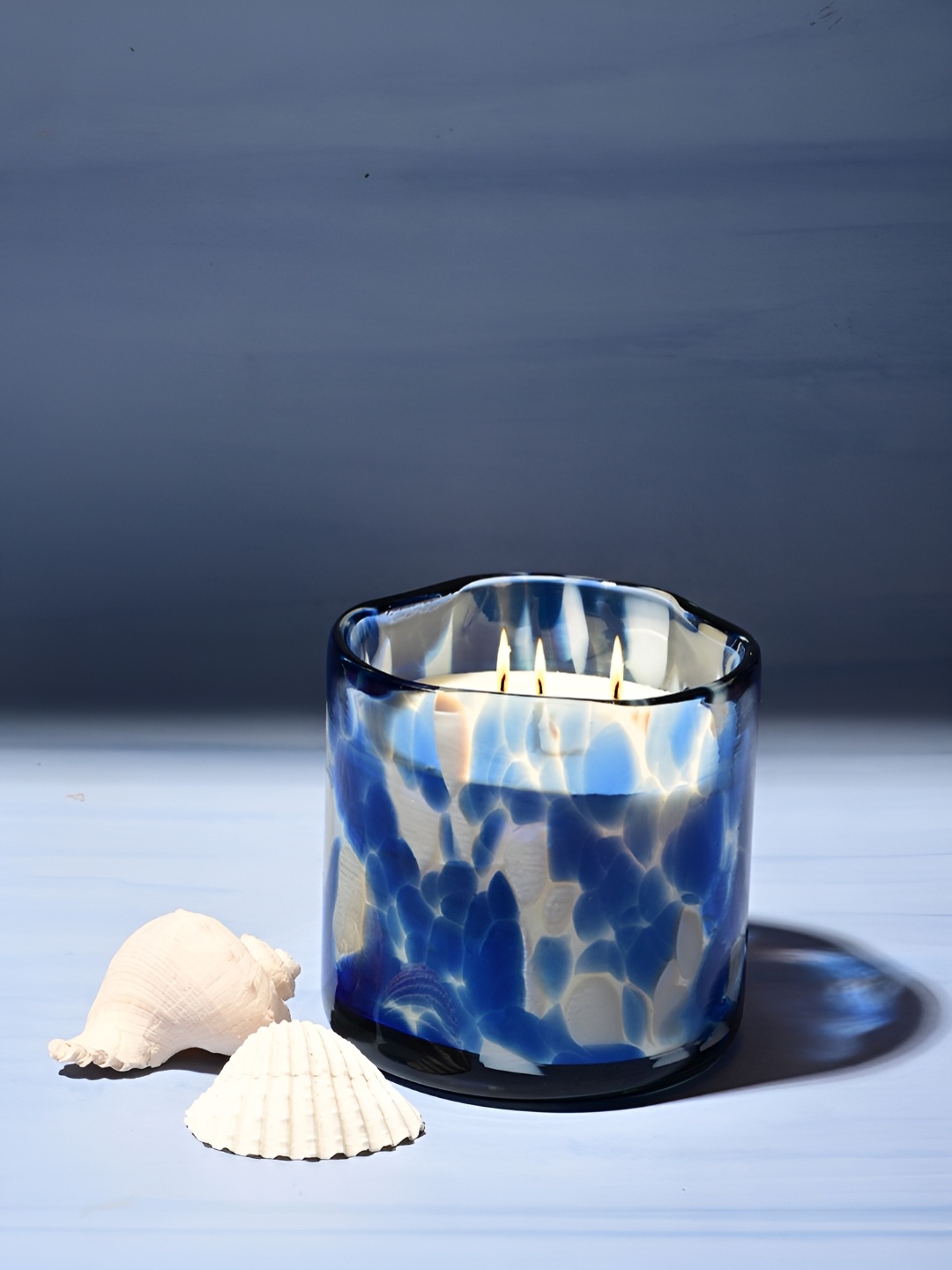 

LIGHTHOUSE CANDLE Blue & White Dapple Jar Sea Salt Teakwood Aroma Scented Candle