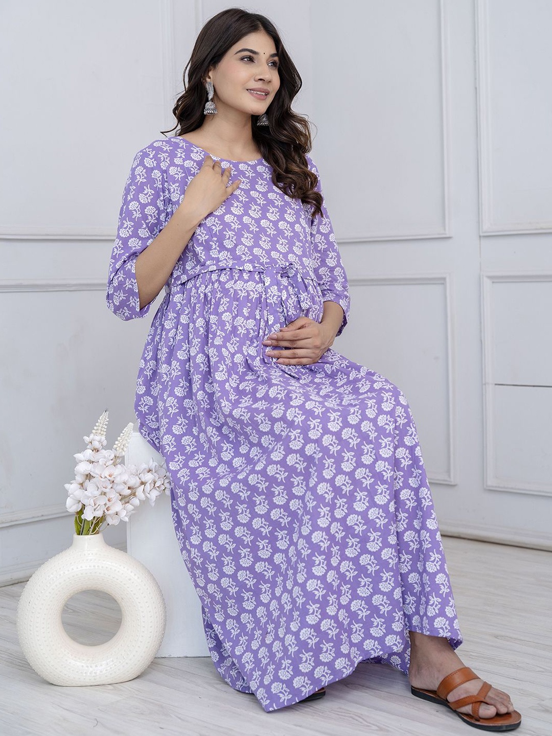 

Nayo Floral Print Puff Sleeve Maternity Maxi Midi Dress, Purple