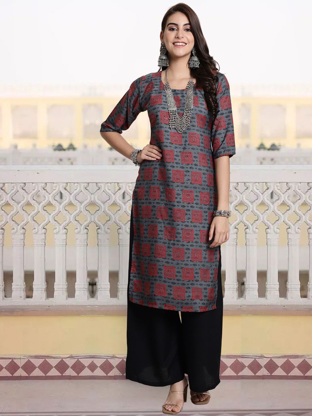 

7Threads Women Ethnic Motifs Printed Keyhole Neck Sequinned Floral Crepe Kurta, Multi