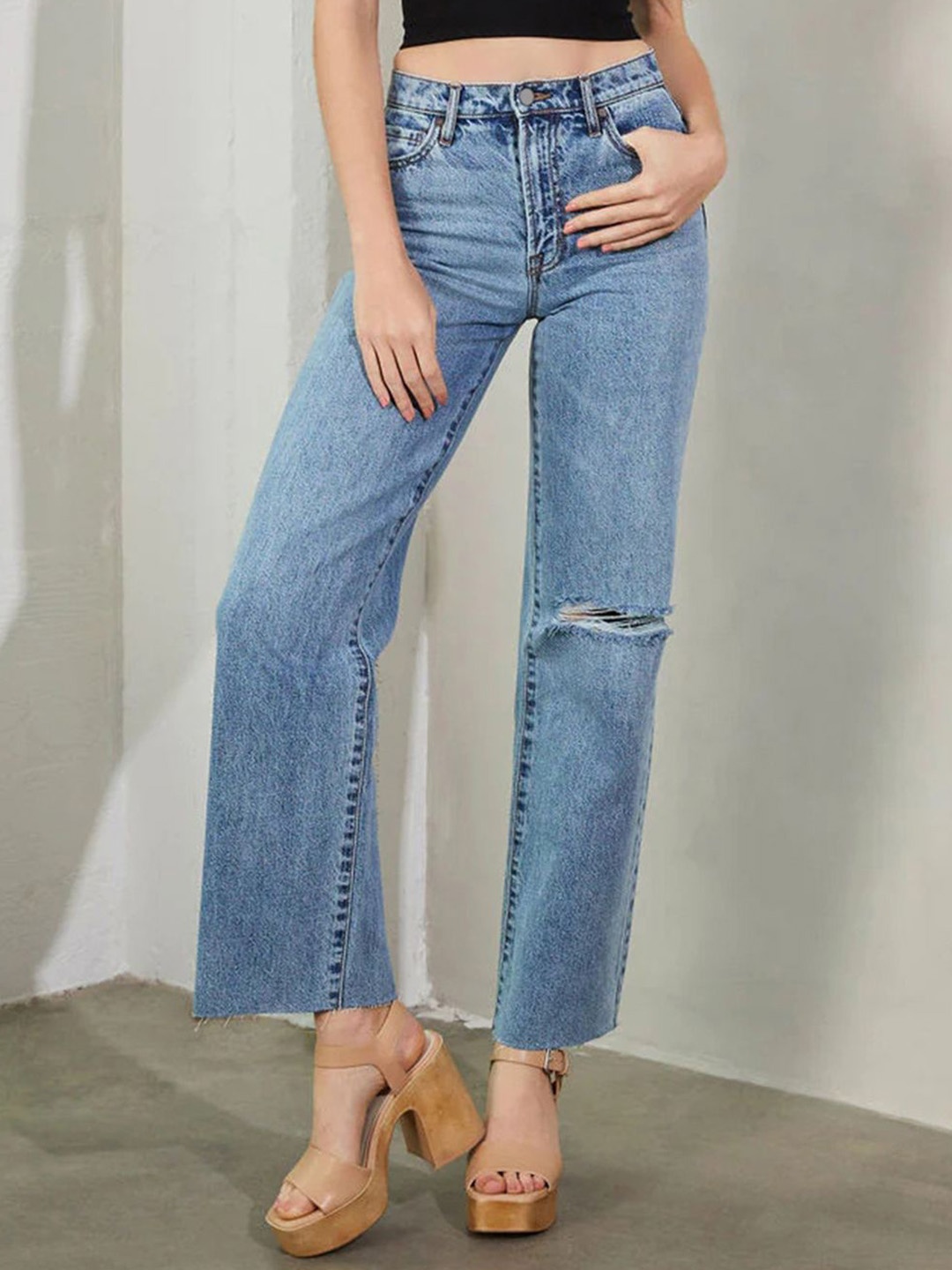 

LULU & SKY Women Straight Fit High-Rise Slash Knee Jeans, Blue