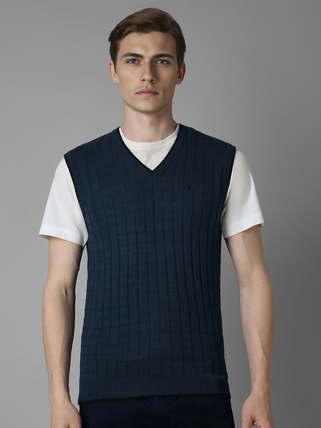 

Louis Philippe Men Checked Sweater Vest, Navy blue