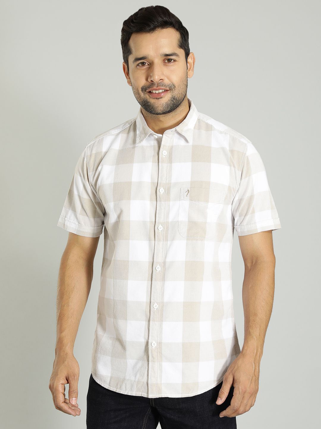 

Indian Terrain Men Chiseled Spread Collar Tartan Checked Cotton Skinny Fit Casual Shirt, Off white