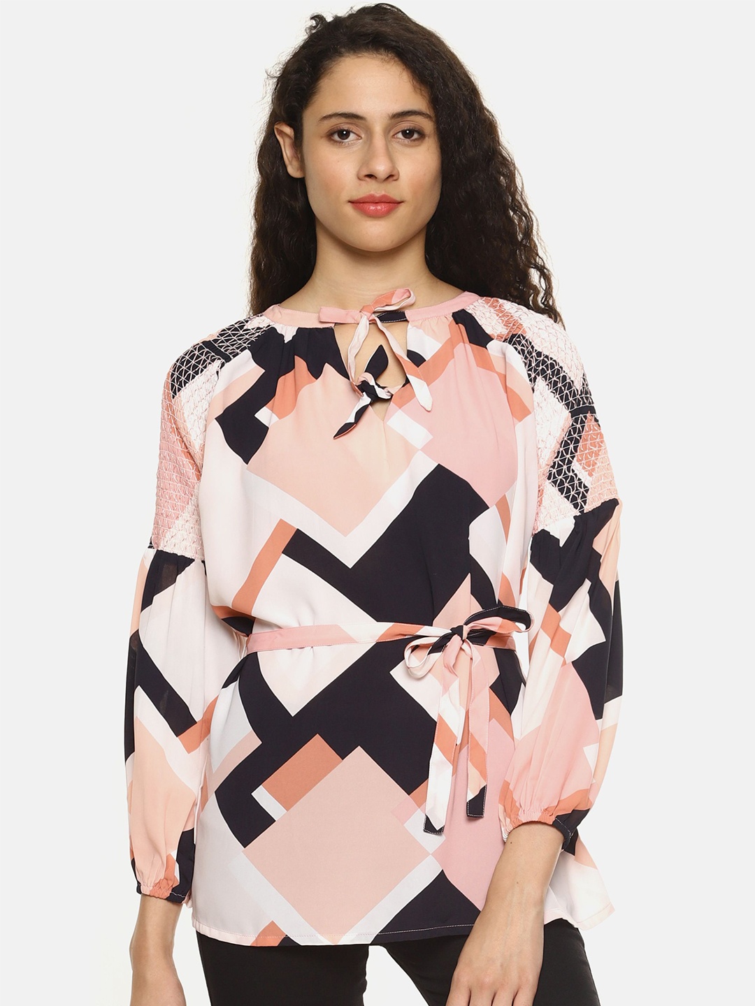 

SAHORA Geometric Print Crepe Top, Pink