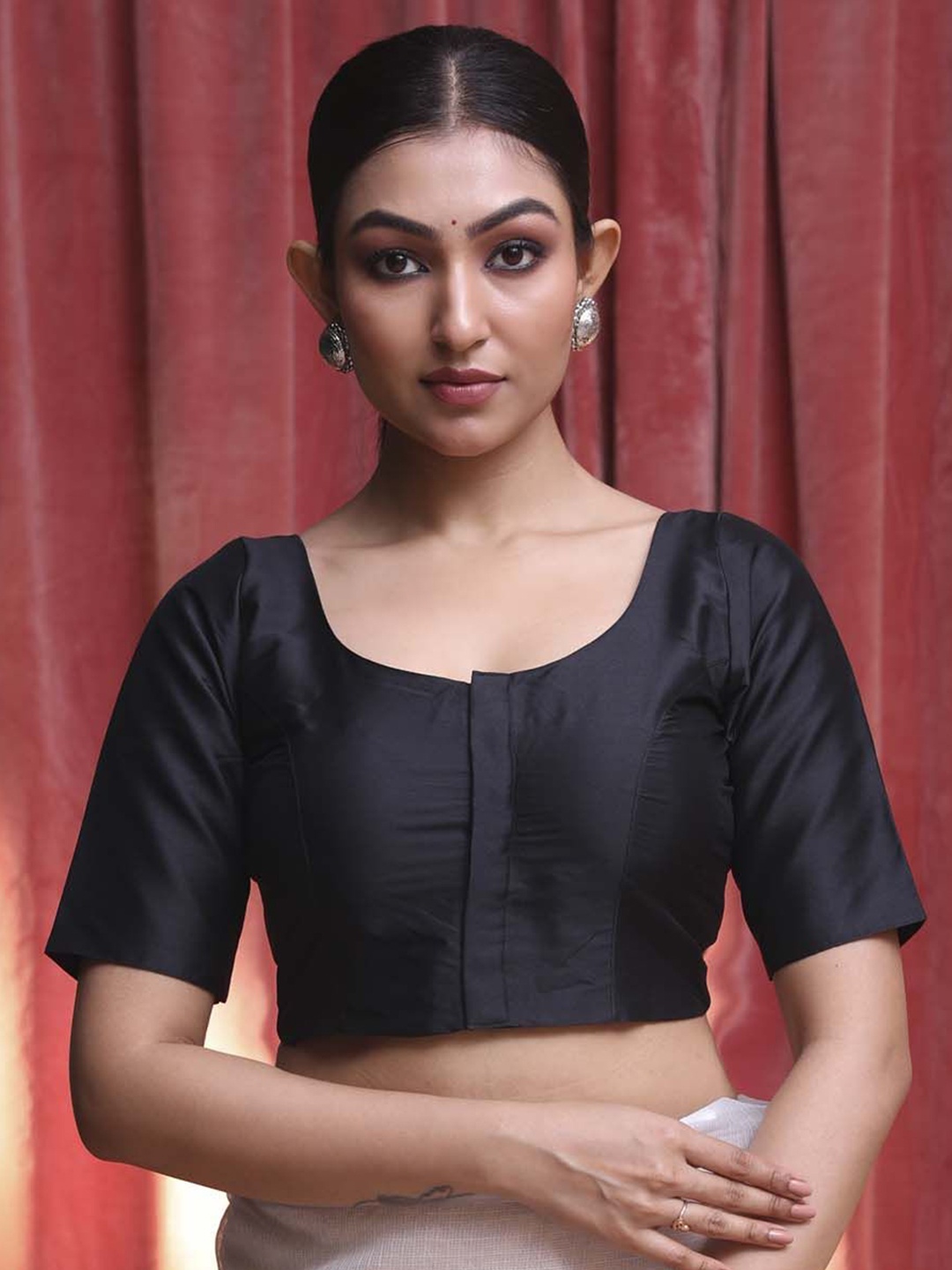 

Indethnic Short Sleeve U Neck Saree Blouse, Black