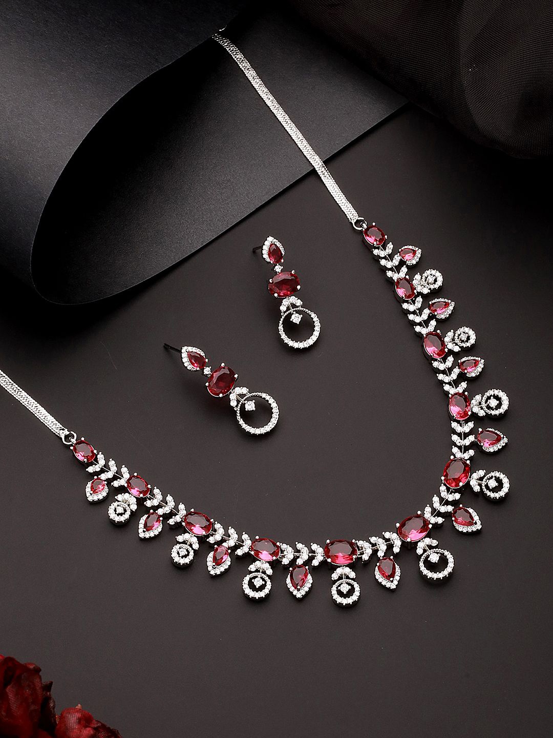 

Saraf RS Jewellery Rhodium-Plated AD Stone-Studded Details Jewellery Set, Silver