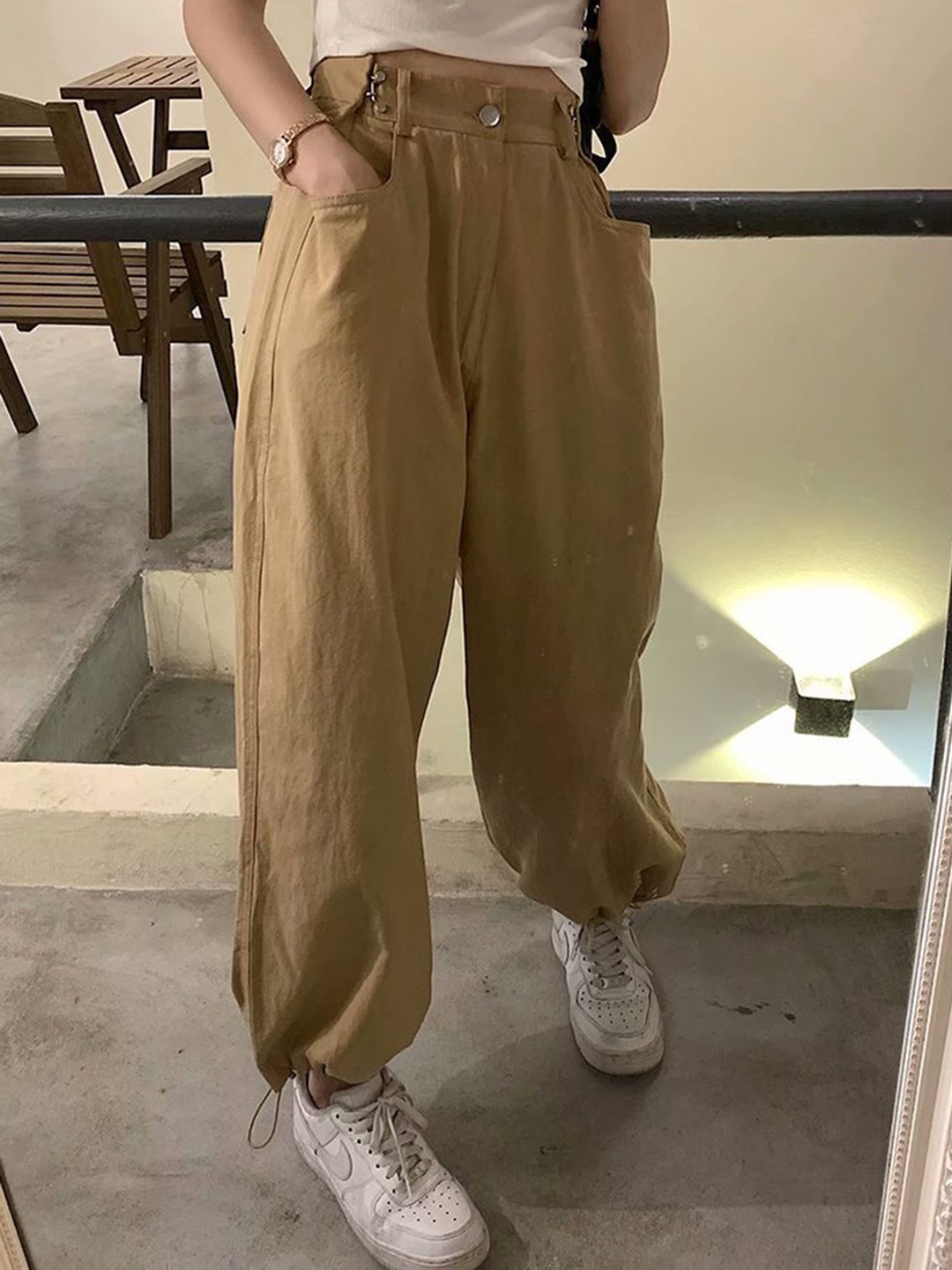 

LULU & SKY Women Solid Straight Fit High-Rise Casual Trousers, Khaki