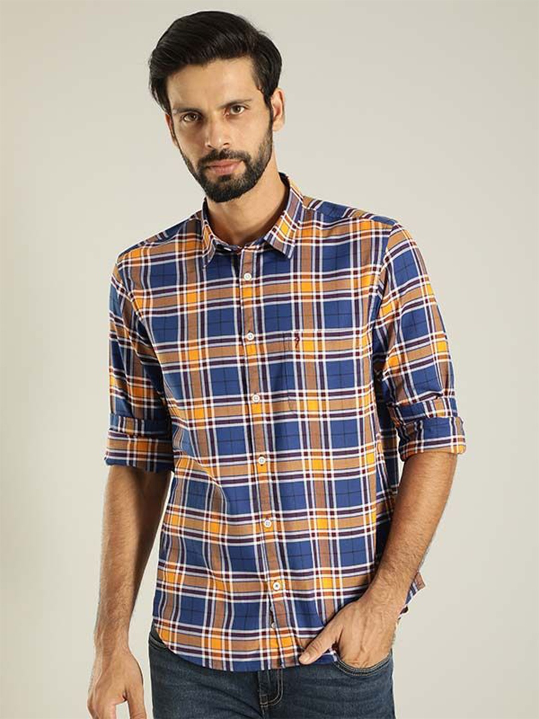 

Indian Terrain Men India Slim Spread Collar Tartan Checked Cotton Slim Fit Casual Shirt, Blue