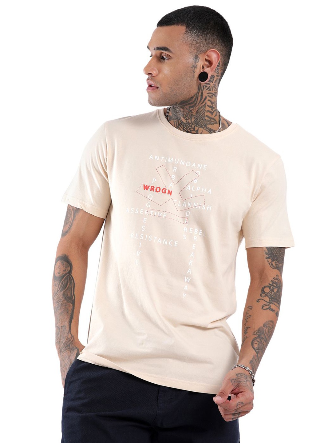 

WROGN Typography Printed Slim Fit Cotton T-shirt, Beige