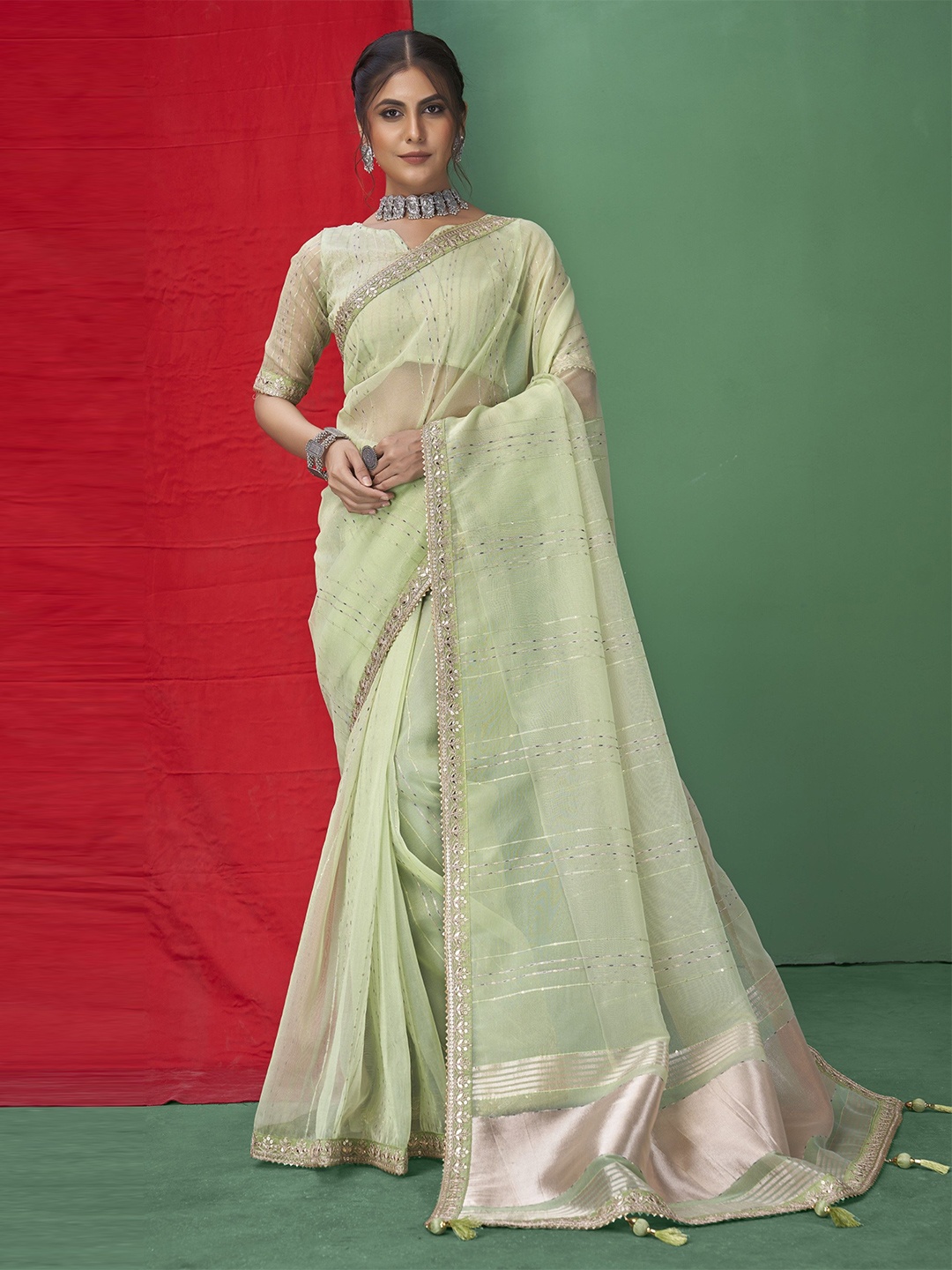 

Mitera Ethnic Motifs Embellished Zari Organza Saree, Green