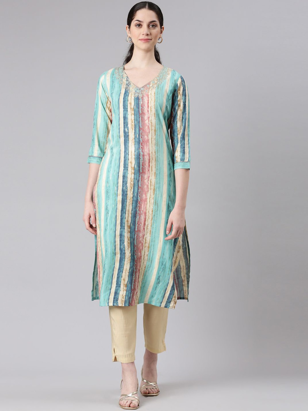 

Neerus Women Striped Kurta, Sea green