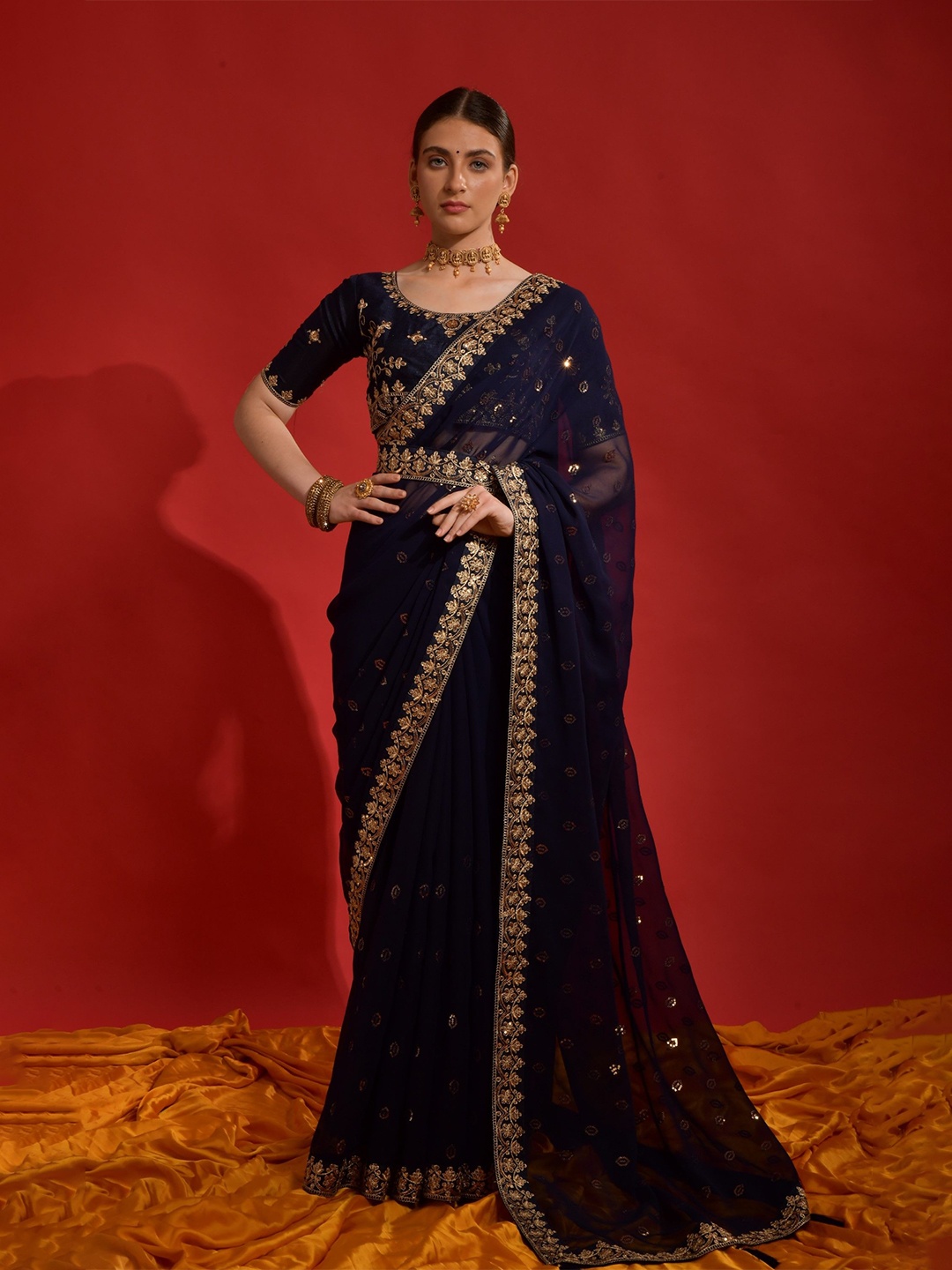 

Mitera Floral Sequinned Poly Georgette Saree, Navy blue