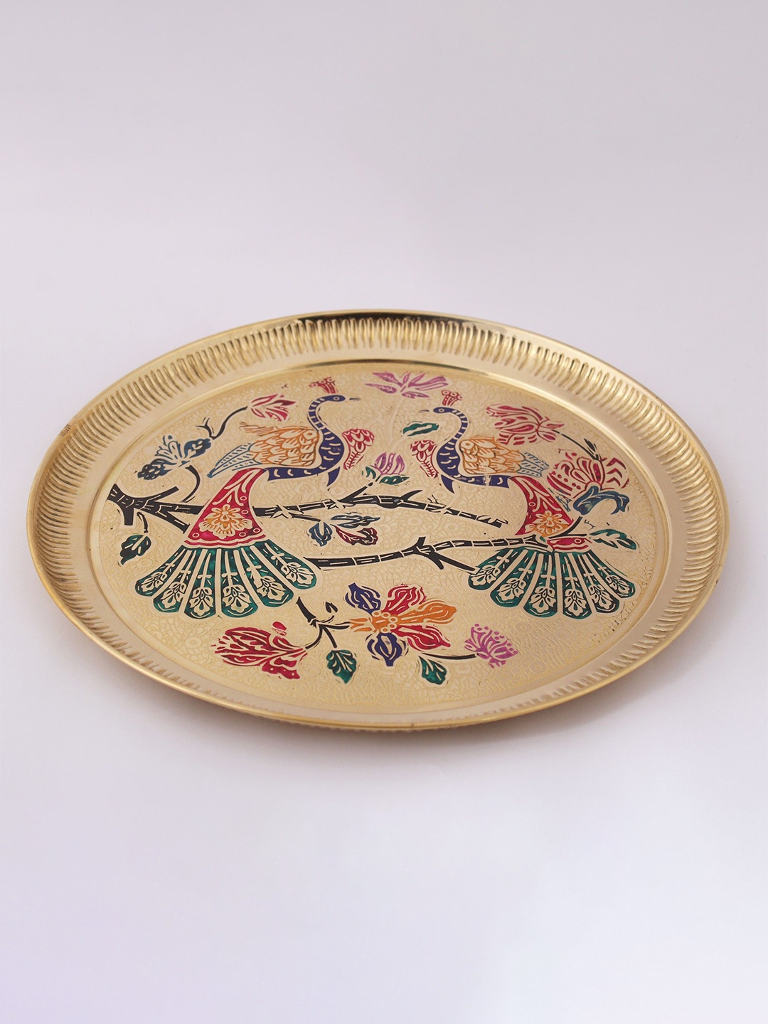 

Exotic India 12" Meenakari Peacocks Art Plate, Gold