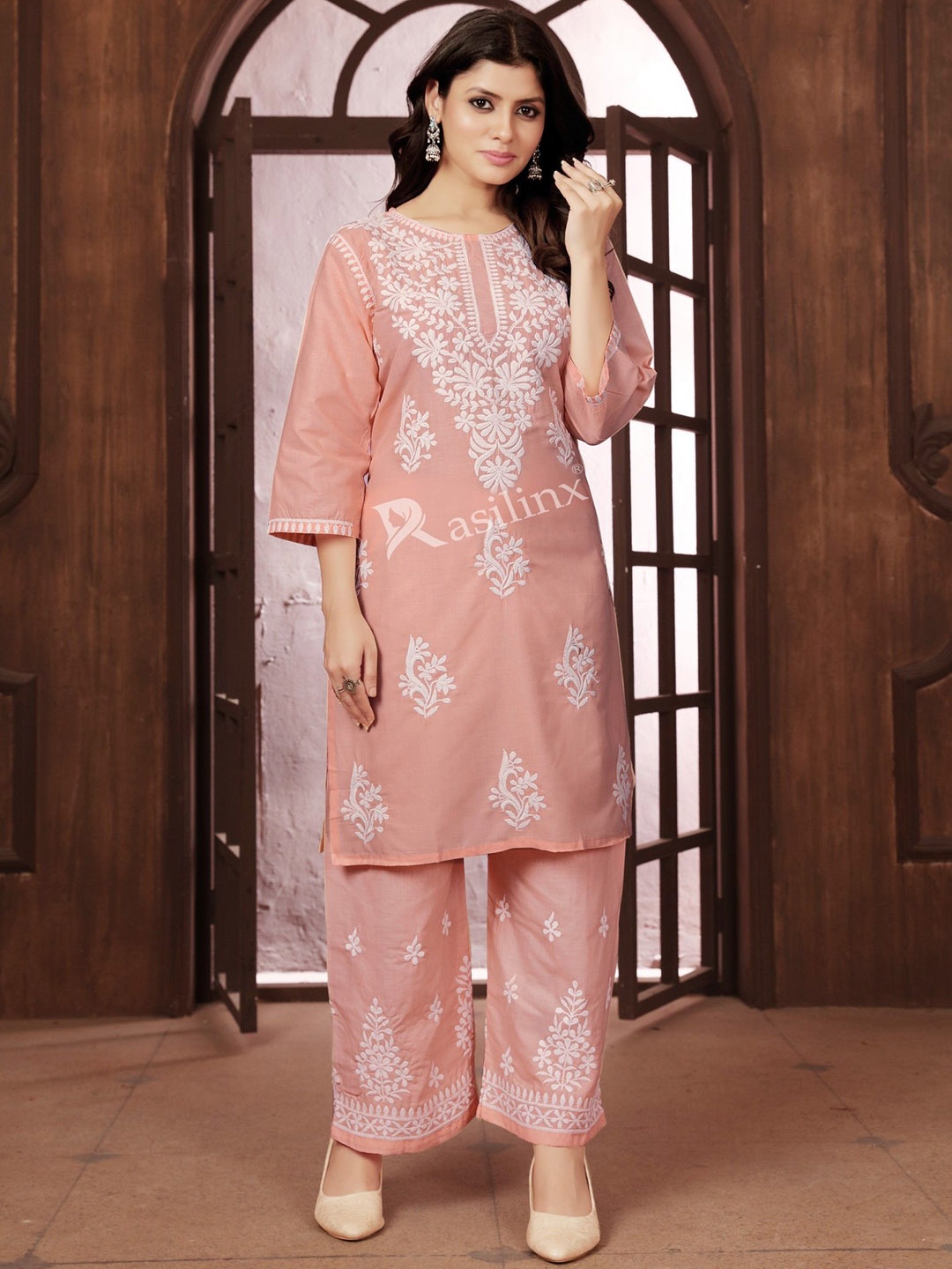 

LeeliPeeri Designer Embroidered Three Quarter Sleeve Tunic & Trouser Co-Ords, Peach