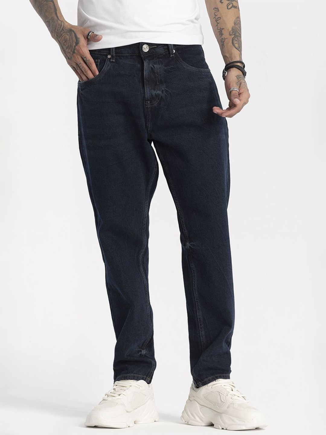 

Snitch Men Loose Relaxed Fit Cotton Clean Look Stretchable Jeans, Navy blue