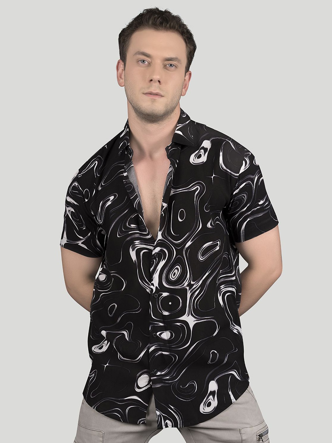 

ALMATY Men Comfort Slim Fit Opaque Printed Party Shirt, Black