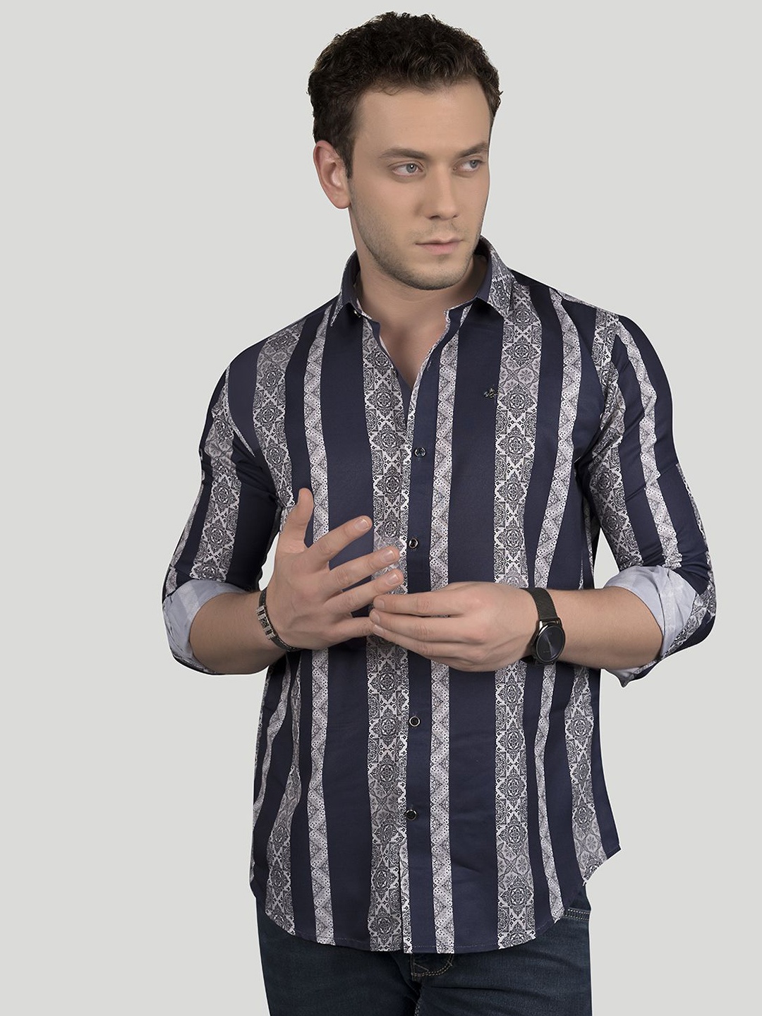

ALMATY Men Comfort Slim Fit Opaque Printed Party Shirt, Navy blue