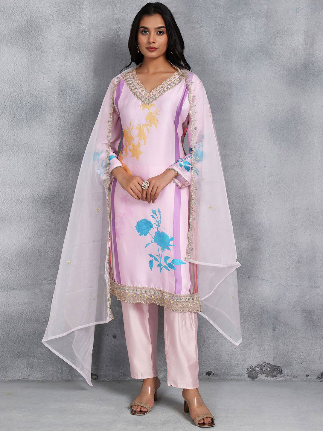 

Rang by Indya Women Floral Printed Regular Sequinned Kurta with Trousers & With Dupatta, Pink
