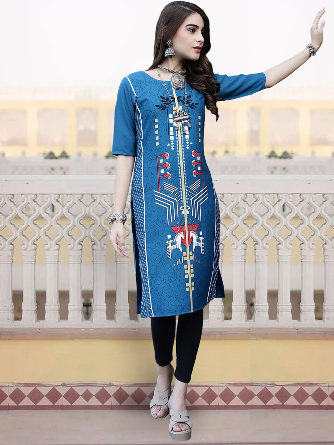 

7Threads Women Ethnic Motifs Checked Sequinned Floral Crepe Kurta, Multi