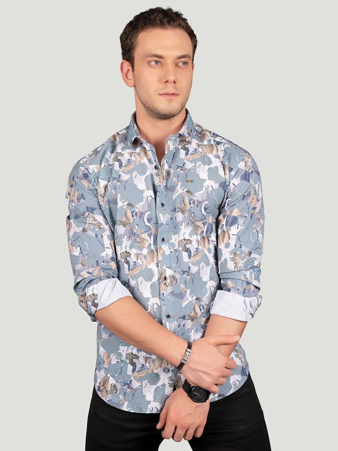 

ALMATY Men Comfort Slim Fit Floral Opaque Printed Party Shirt, Blue
