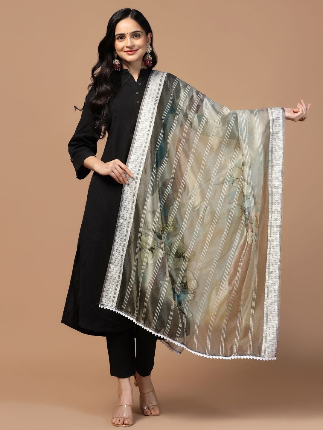 

Kaizen TEXO FAB Ethnic Motifs Digital Printed Organza Dupatta, Grey