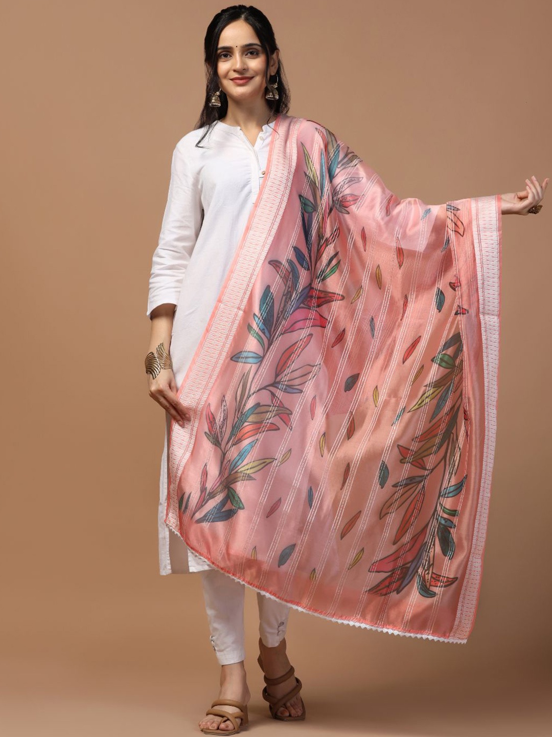 

Kaizen TEXO FAB Floral Printed Organza Dupatta, Peach