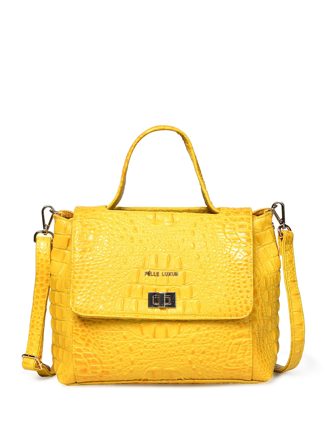 

PELLE LUXUR Textured PU Structured Satchel with Quilted, Yellow