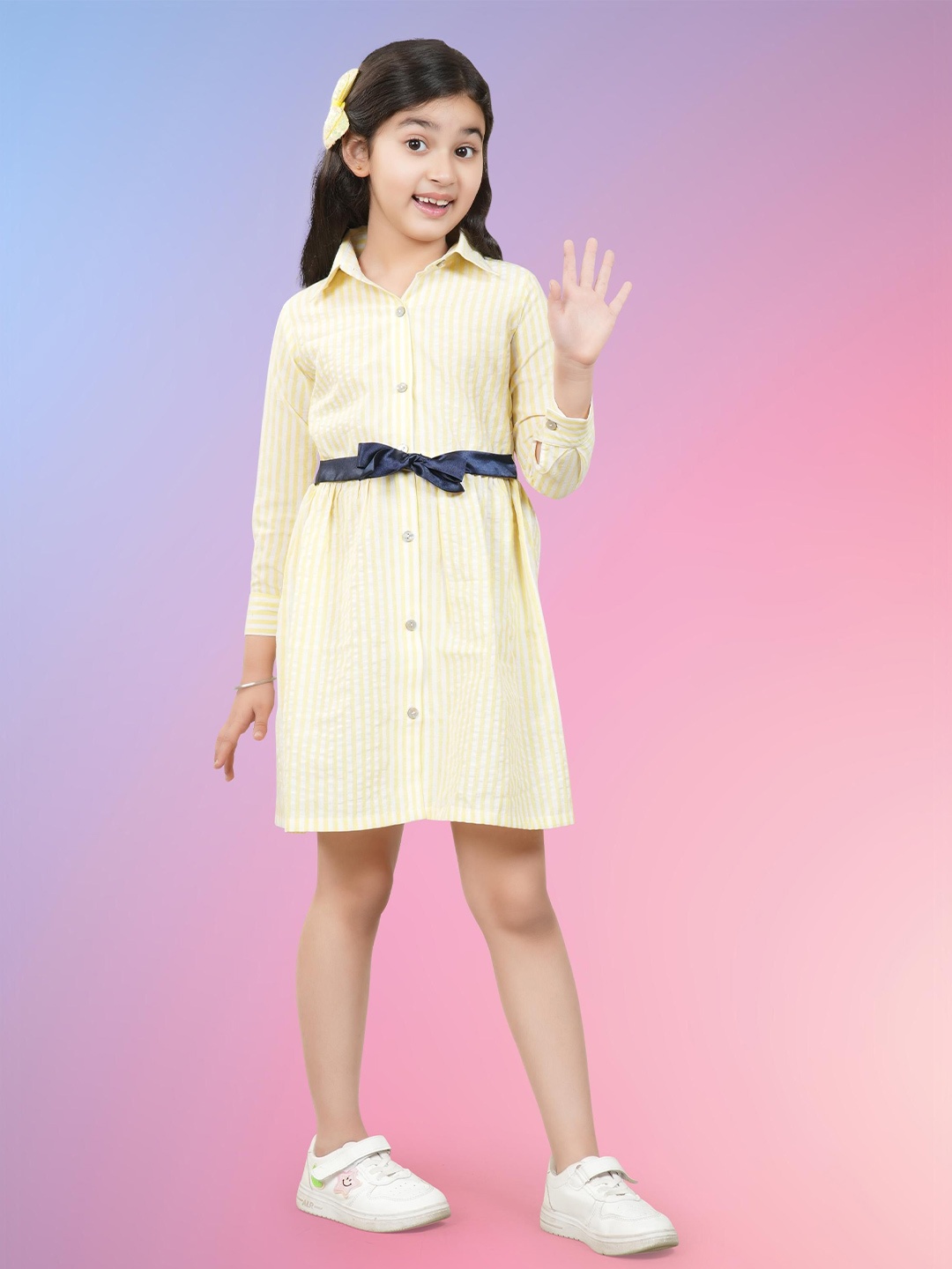 

RANJ Girls Striped Cuffed Sleeves A-Line Dress, Yellow